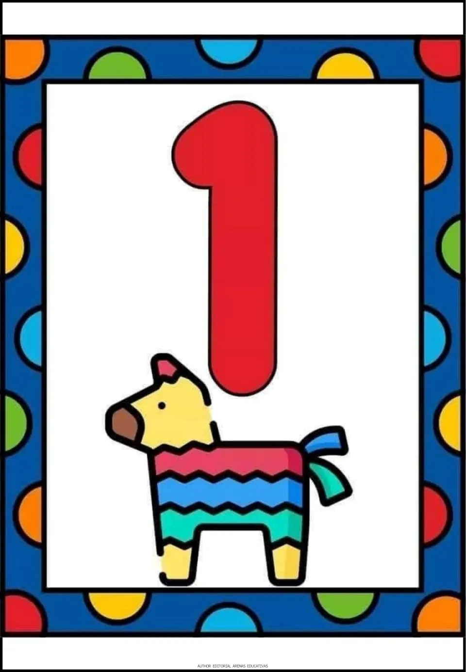 Number 1 poster: a large red numeral 1 above one striped piñata, for matching the numeral to a single object