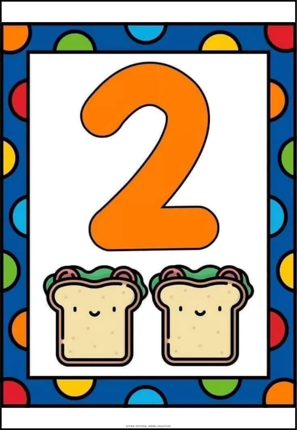 Number 2 poster: a large orange numeral 2 above two smiling sandwiches for counting and numeral recognition