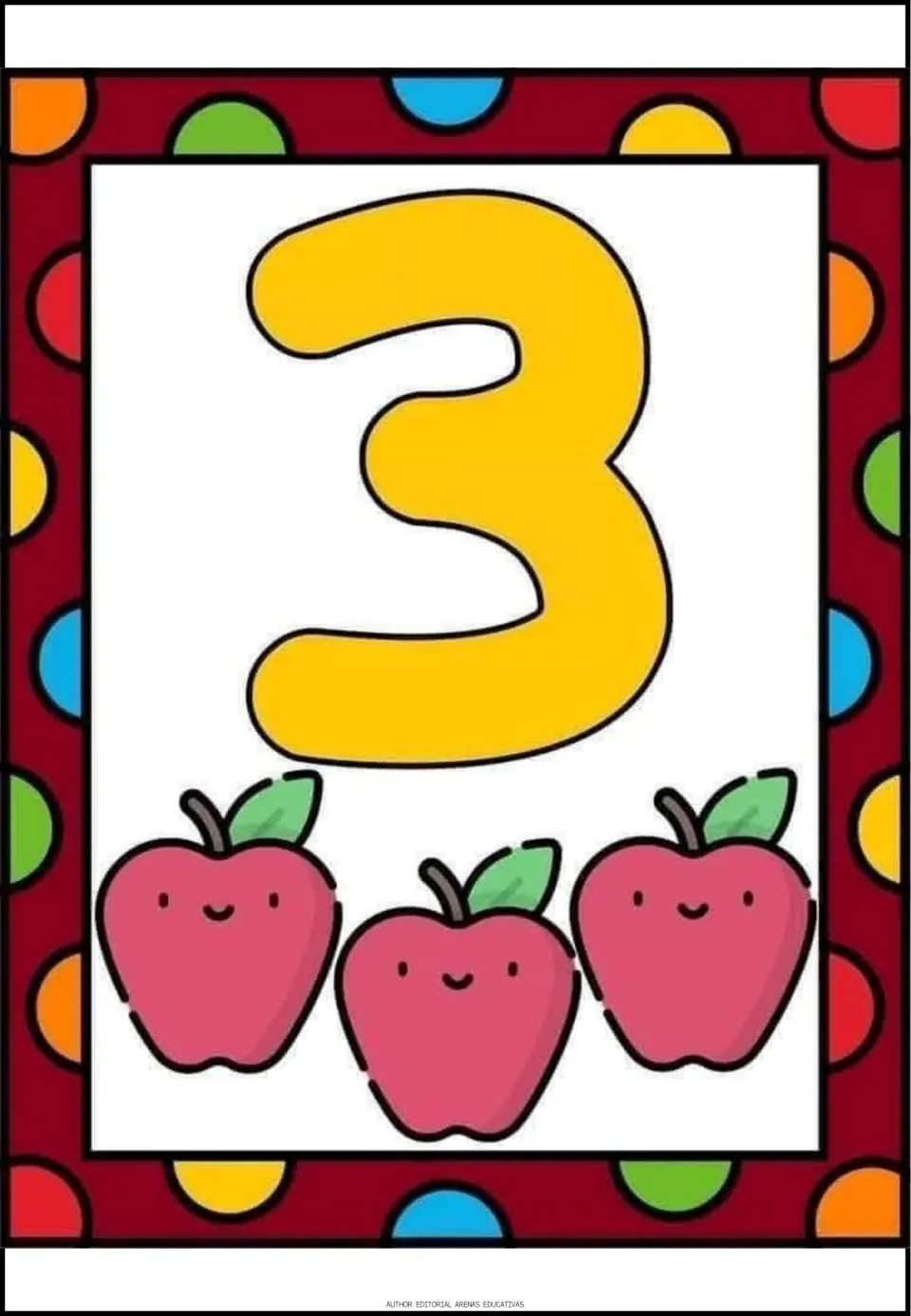 Number 3 poster: a big yellow numeral 3 with three smiling apples below, so children count objects to match