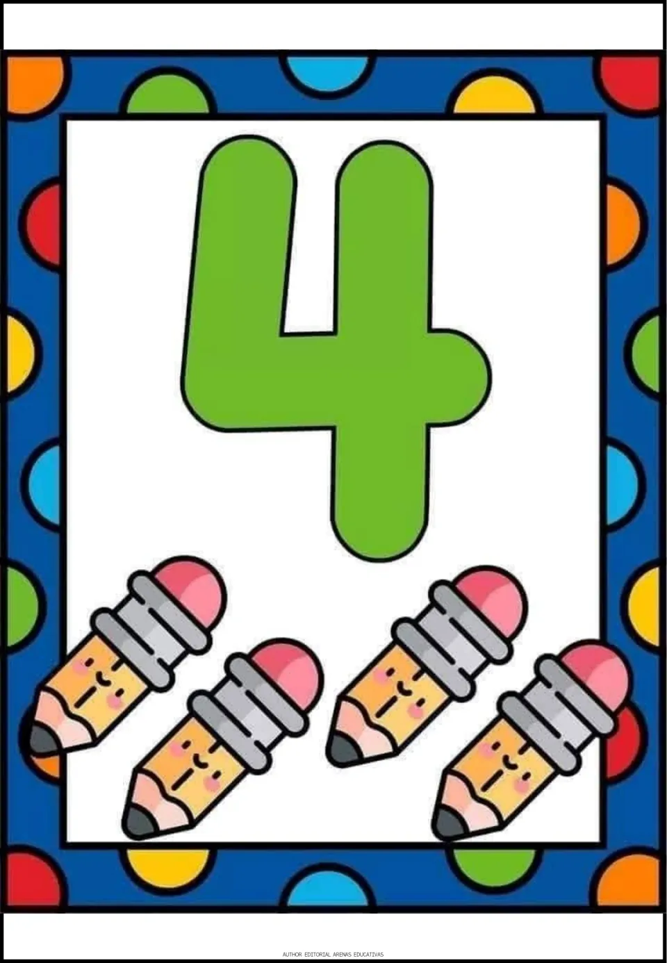 Number 4 poster: a green numeral 4 over four cartoon pencils, linking the written numeral to a set of four