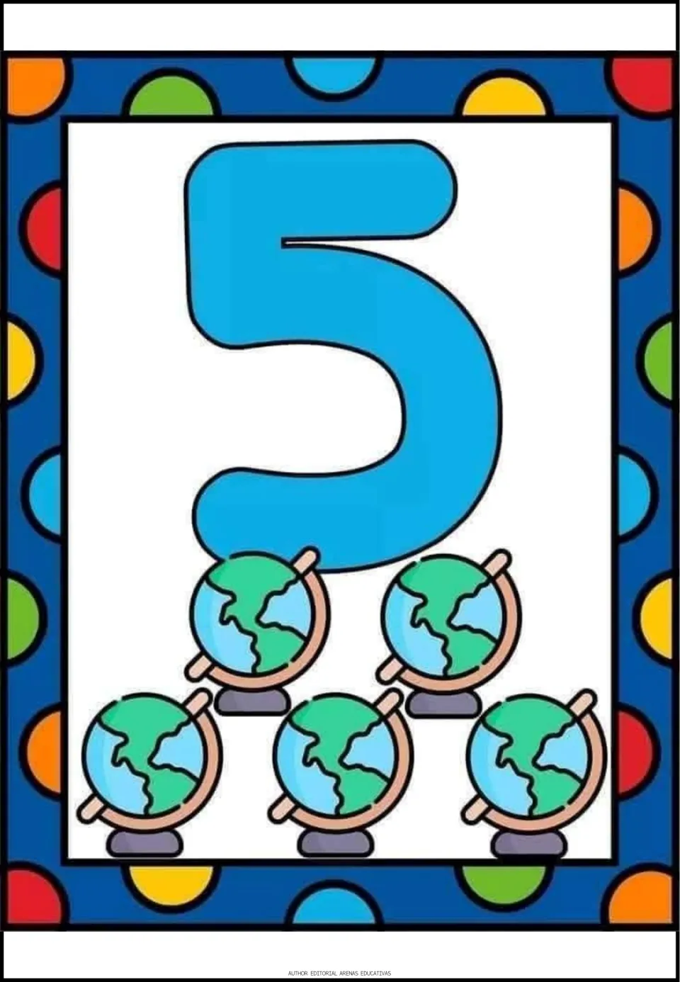 Number 5 poster: a blue numeral 5 above five desk globes to count, showing quantity five as a picture set