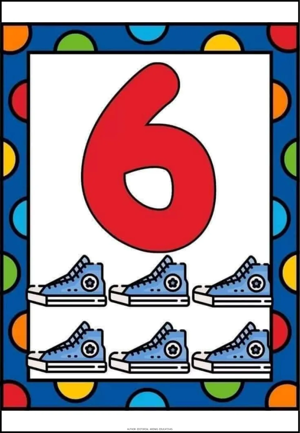Number 6 poster: a red numeral 6 with six blue sneakers in two rows of three for counting practice