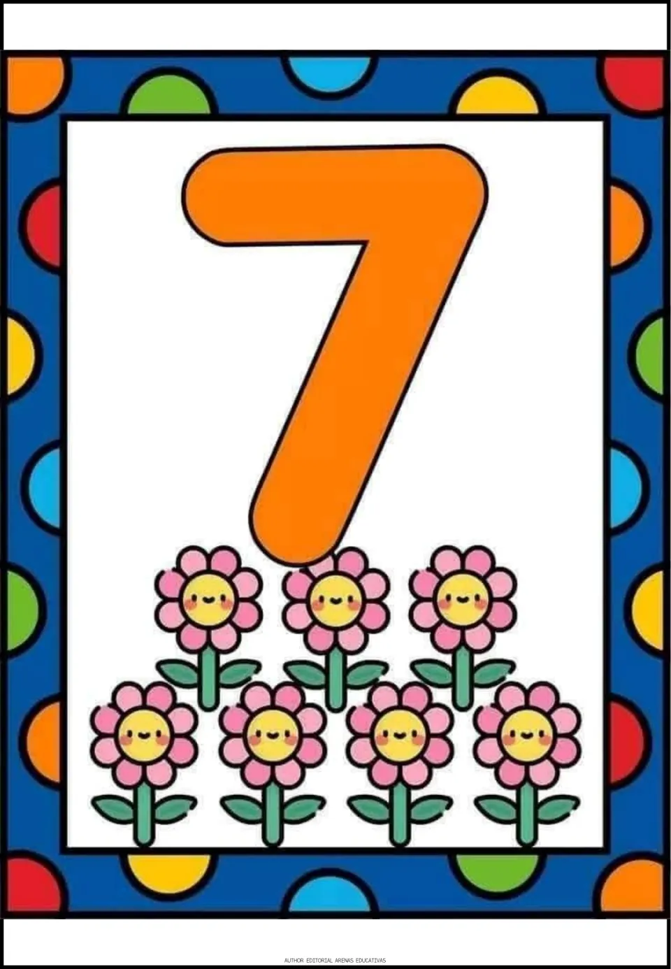 Number 7 poster: an orange numeral 7 above seven smiling pink flowers, a counting set for the numeral seven
