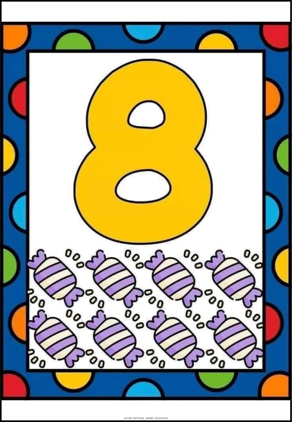 Number 8 poster: a yellow numeral 8 with eight purple striped candies in two rows of four to count