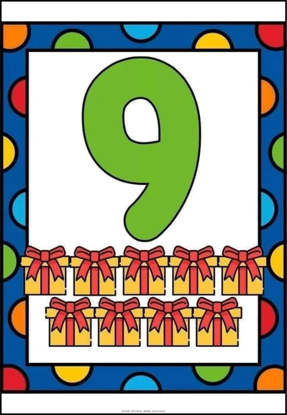 Number 9 poster: a green numeral 9 above nine wrapped gift boxes, five in one row and four below, to count