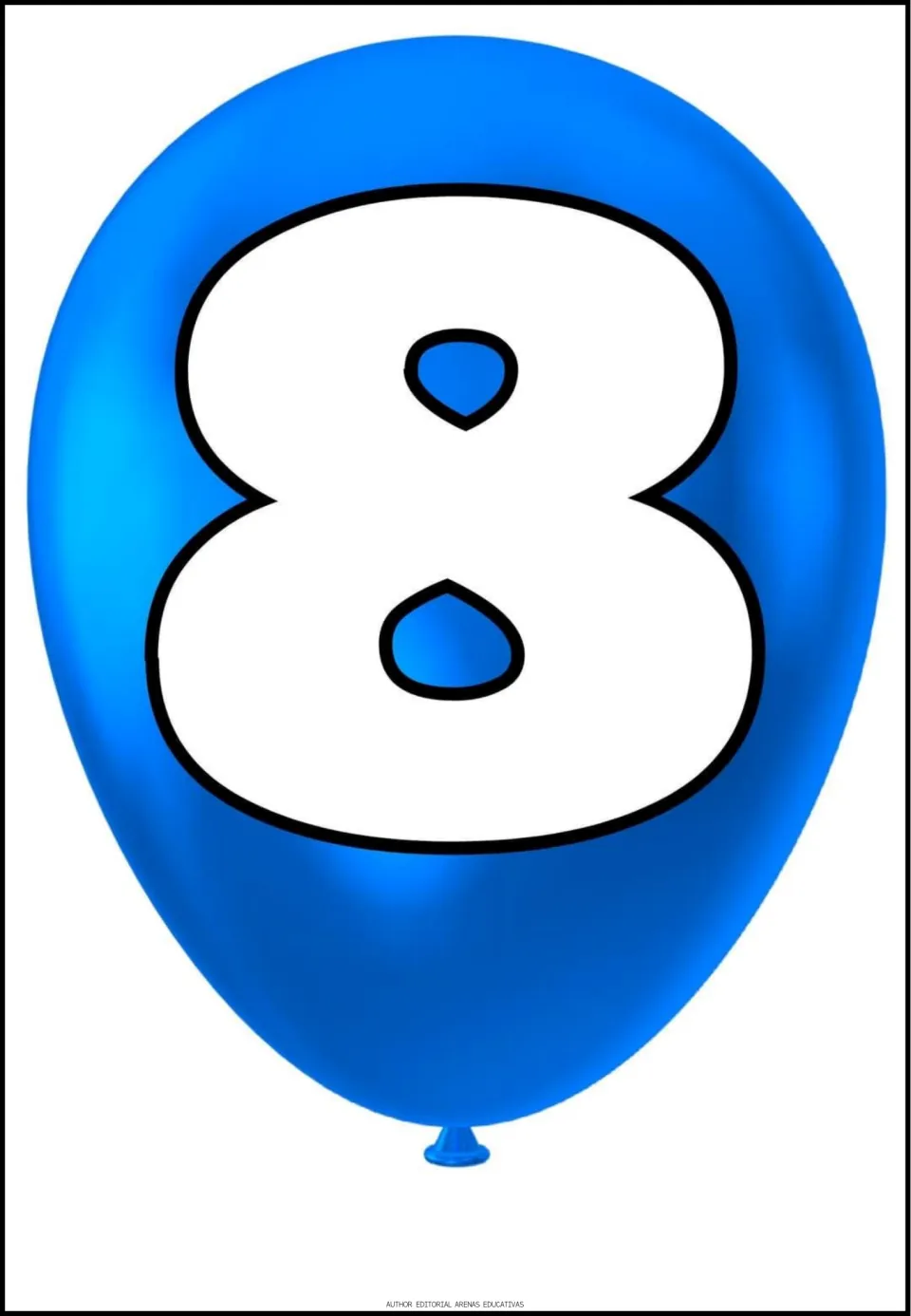 Number 8 poster from the early learning math set, featuring a large white numeral 8 on a blue balloon.