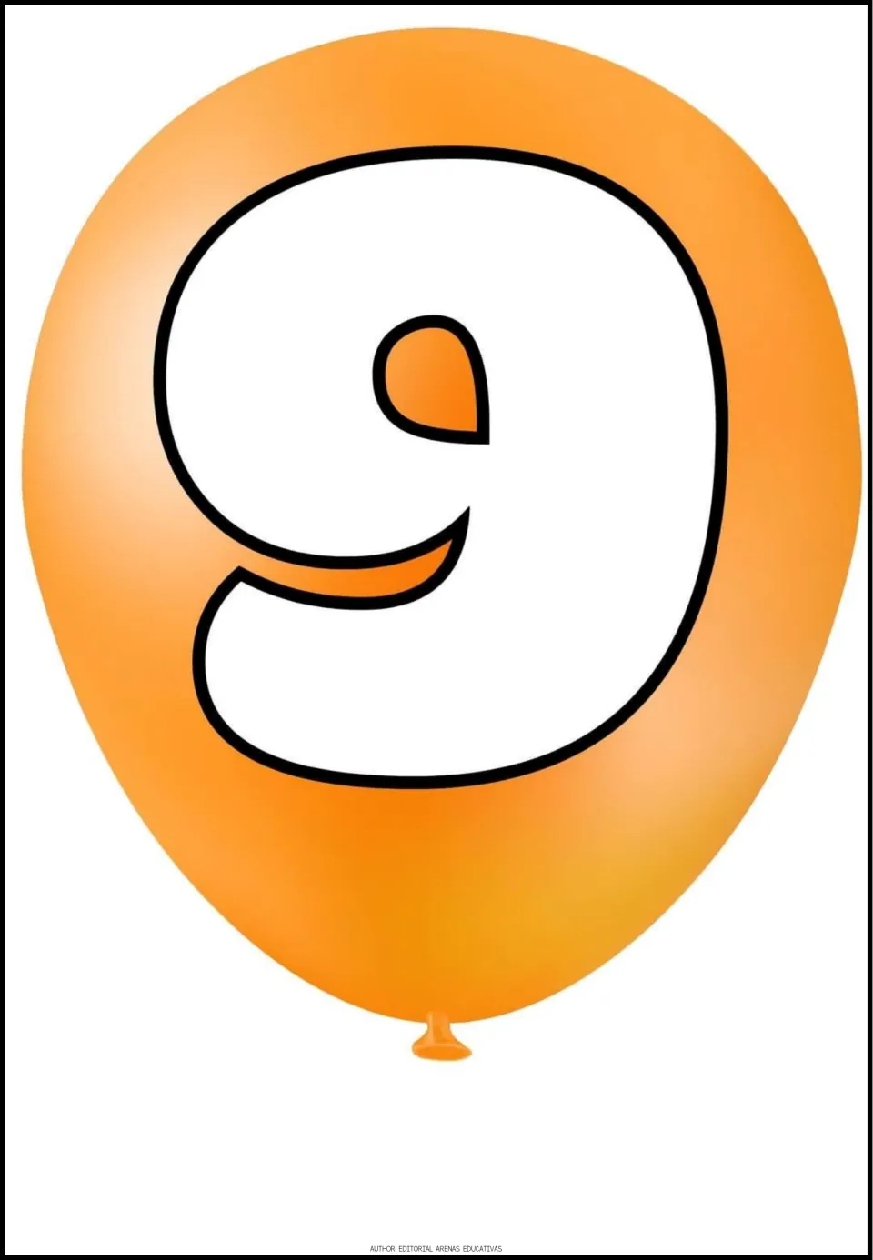 Number 9 poster from the early learning math set, featuring a large white numeral 9 on an orange balloon.