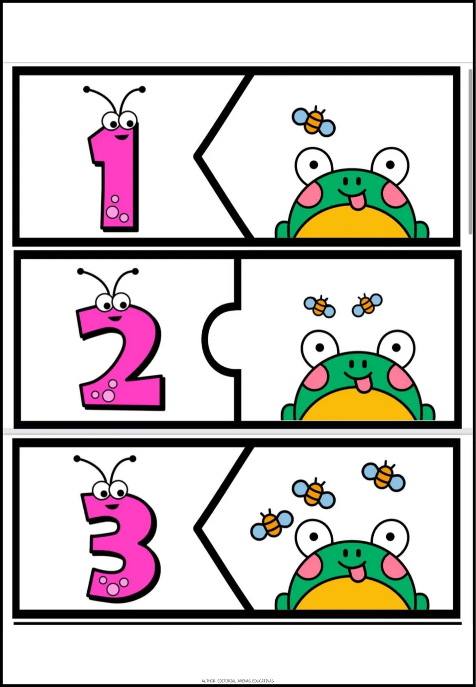 Number puzzles 1–3 of the 20-puzzle set pair each numeral with a matching group of one, two, or three bees