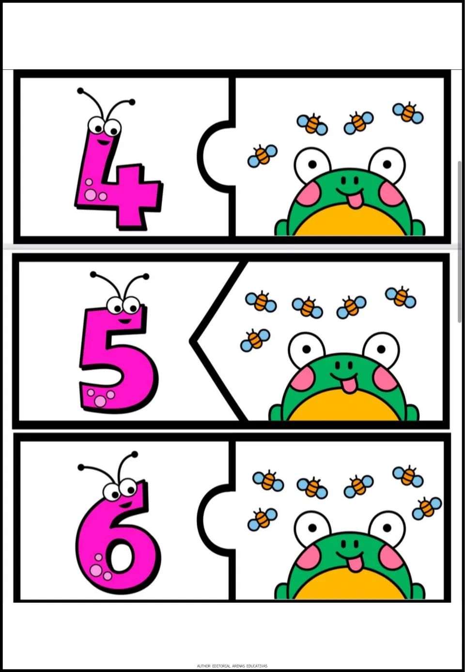 Number puzzles 4–6 of the 20-puzzle set pair each numeral with a matching group of four, five, or six bees