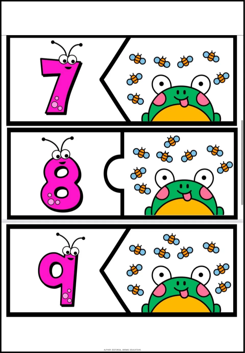 Number puzzles 7–9 of the 20-puzzle set pair each numeral with a matching group of seven, eight, or nine bees