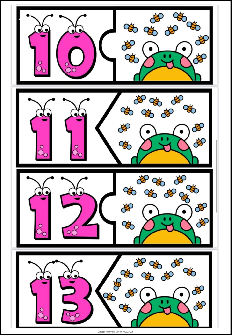 Number puzzles 10–13 of the 20-puzzle set pair the numerals 10, 11, 12, and 13 with matching bee quantities