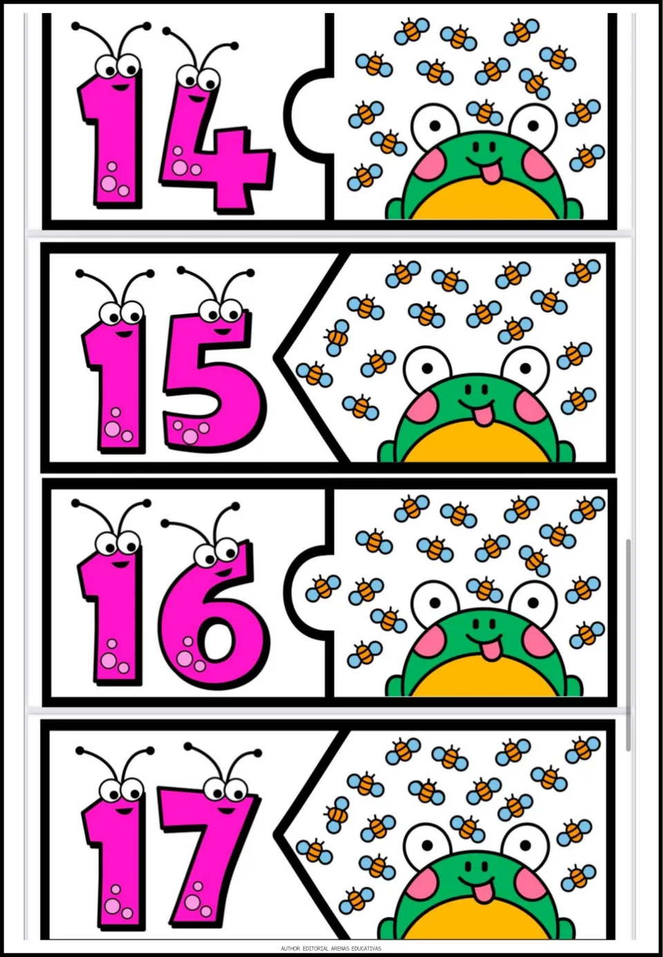Number puzzles 14–17 of the 20-puzzle set pair the numerals 14, 15, 16, and 17 with matching bee quantities