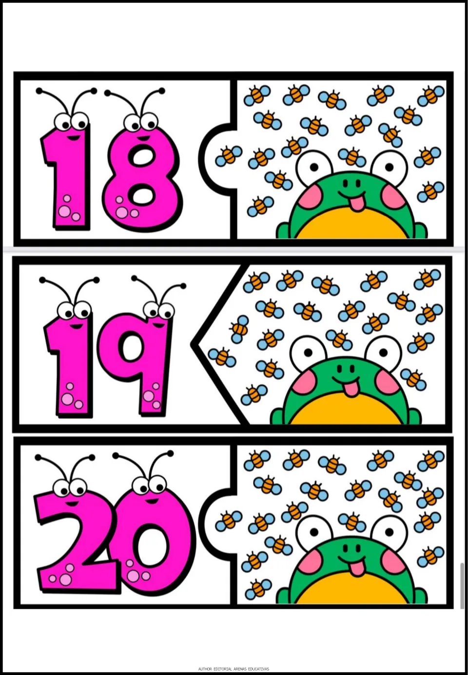 Number puzzles 18–20 complete the 20-puzzle set, pairing numerals 18, 19, and 20 with matching bee quantities
