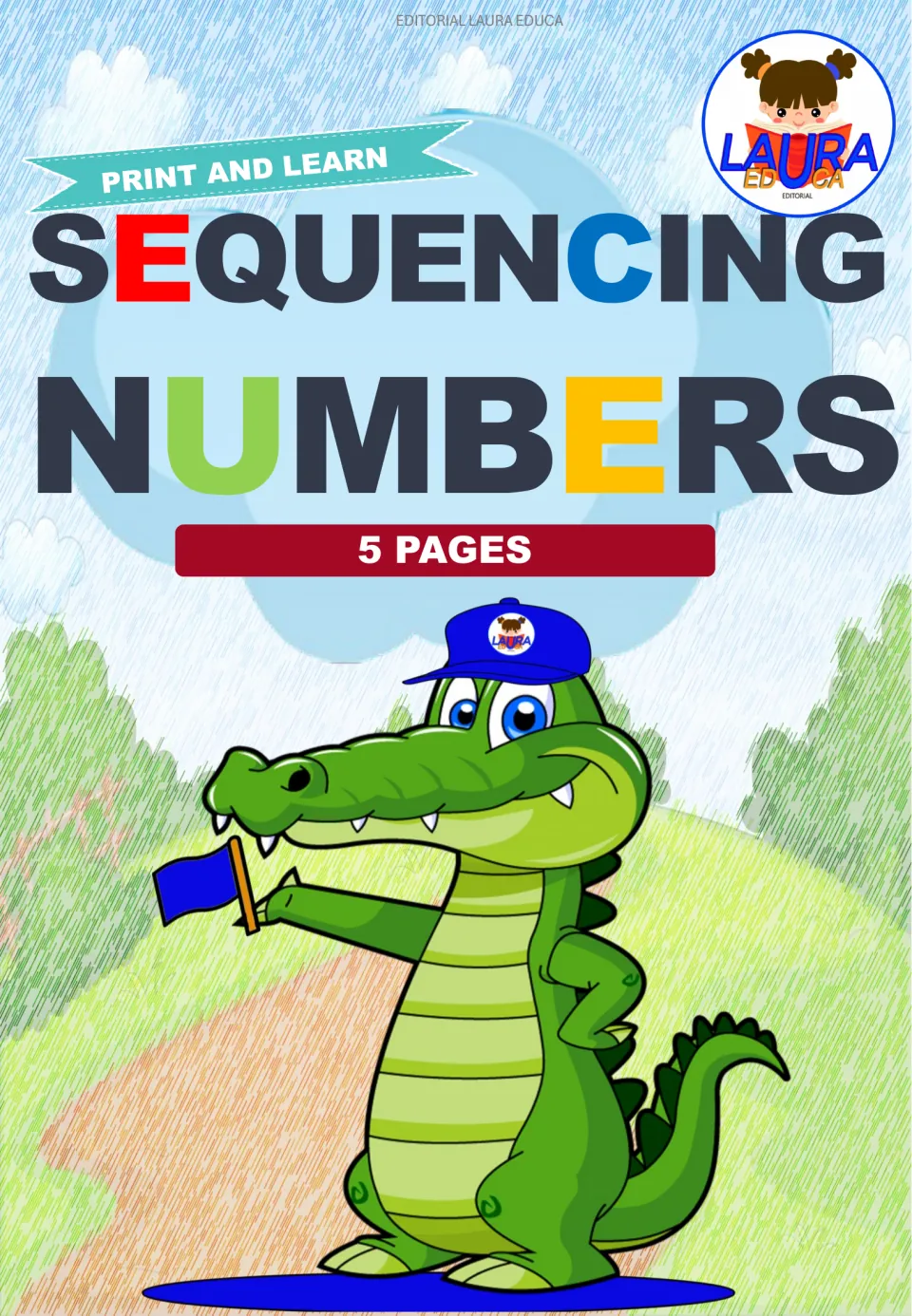 Cover of the number sequencing printable, labeled 'Print and Learn', 'Sequencing Numbers', and '5 Pages'