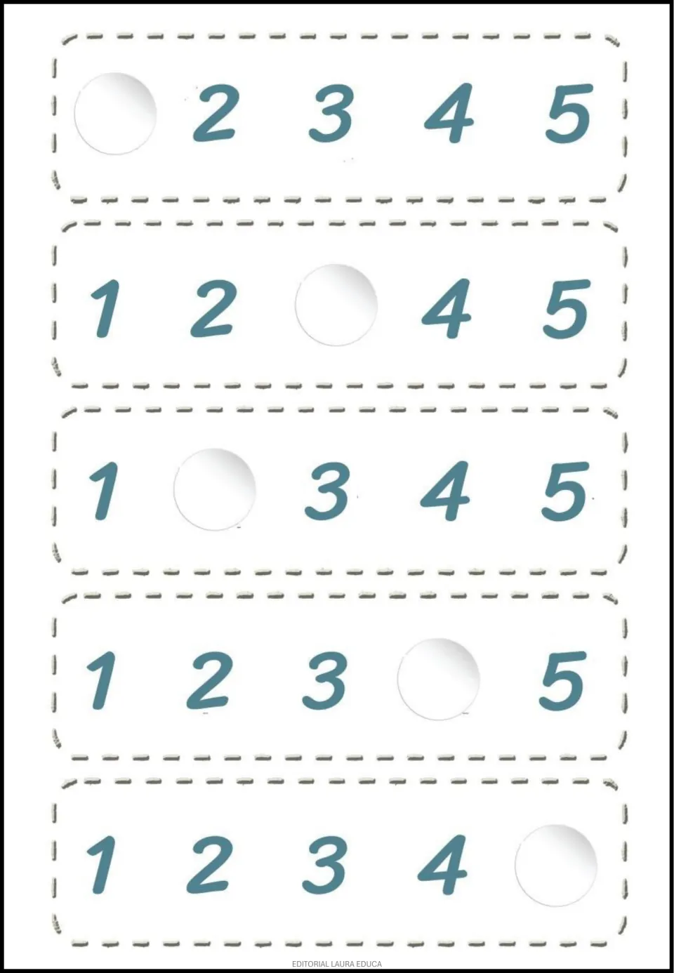 Number sequencing practice: five sequences from 1 to 5, missing 1, 3, 2, 4, and 5 respectively