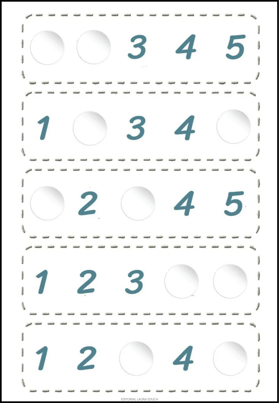 Number sequencing practice from 1 to 5: missing pairs are 1 and 2; 2 and 5; 1 and 3; 4 and 5; 3 and 5