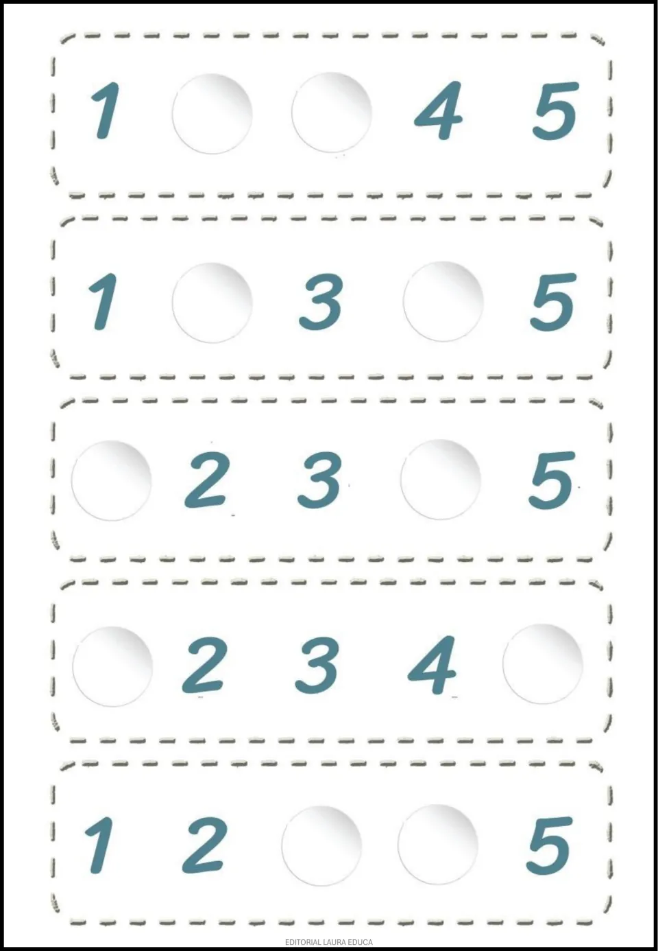 Number sequencing practice from 1 to 5: missing pairs are 2 and 3; 2 and 4; 1 and 4; 1 and 5; 3 and 4