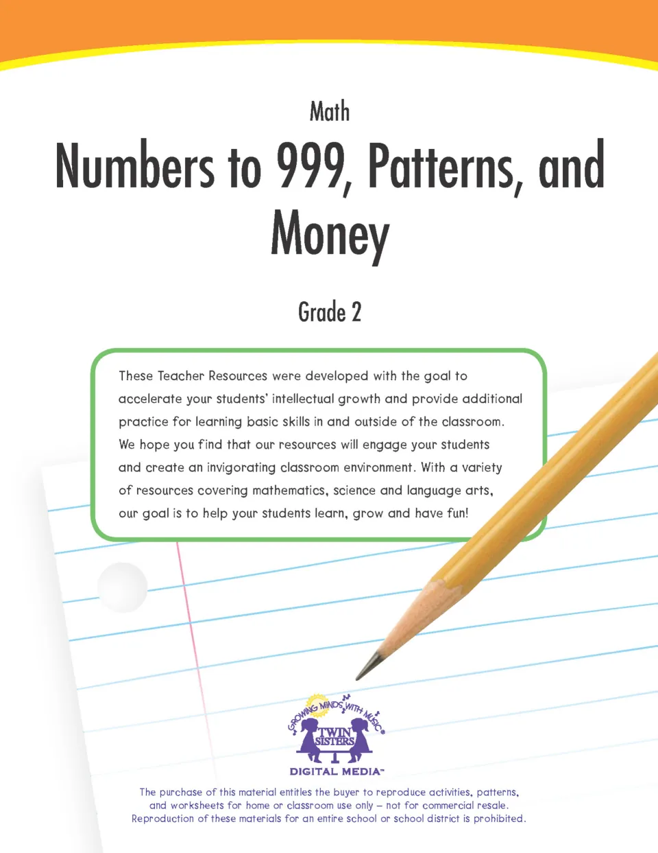 Cover of Twin Sisters Grade 2 math: Numbers to 999, Patterns, and Money, with a note to teachers and a pencil