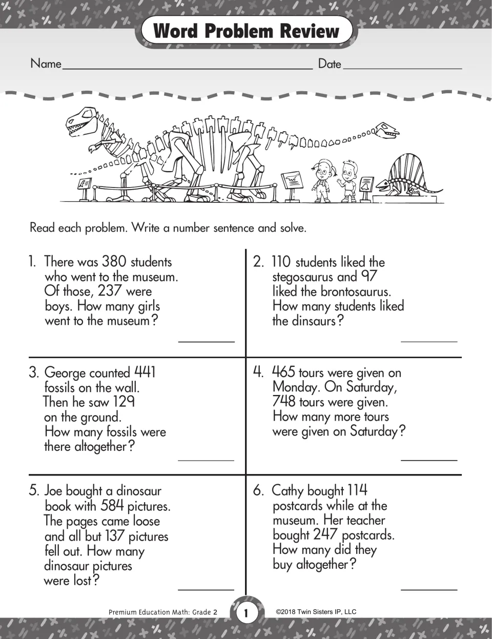 Word Problem Review: students write a number sentence and solve 6 dinosaur museum problems adding and subtracting to 999