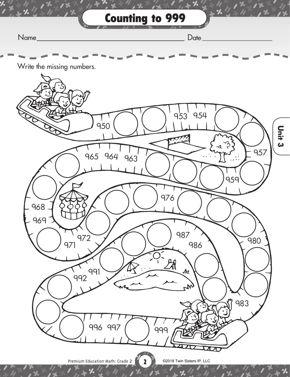 Counting to 999: students write the missing numbers from 950 to 999 along a winding roller coaster track path