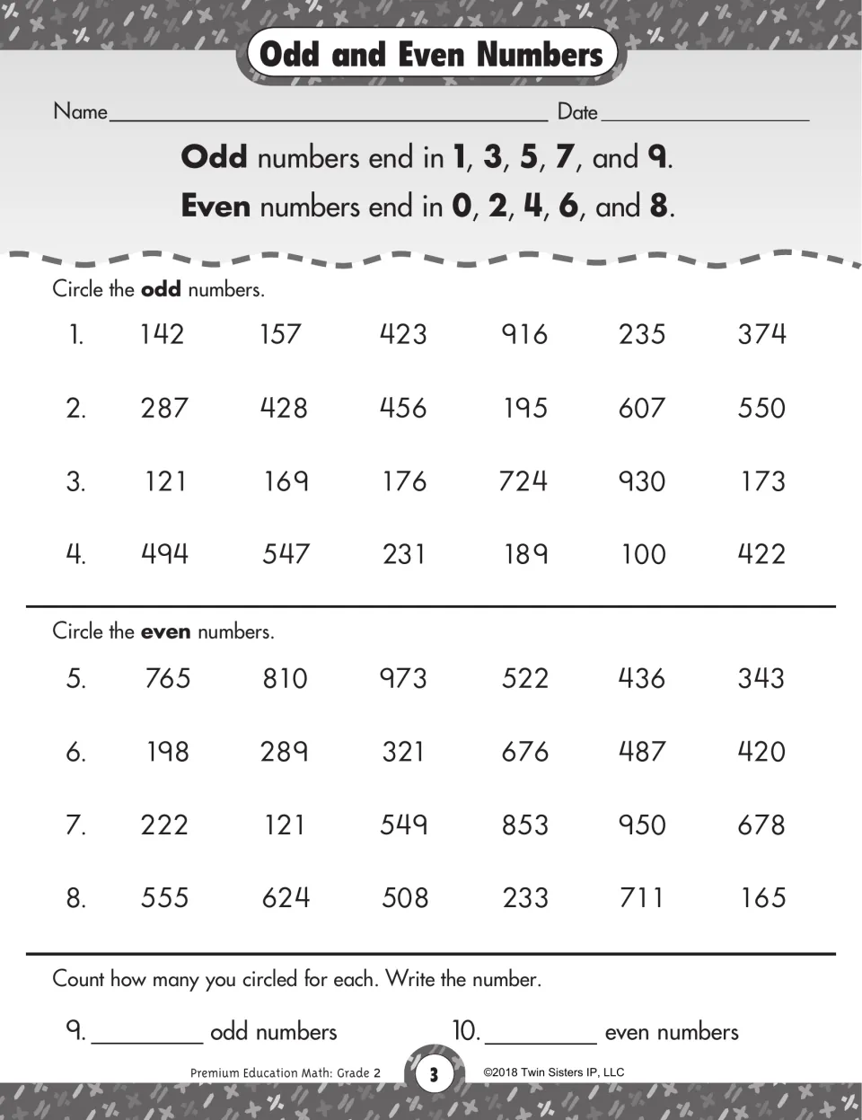 Odd and Even Numbers: students circle odd then even three-digit numbers by last digit, then count how many of each