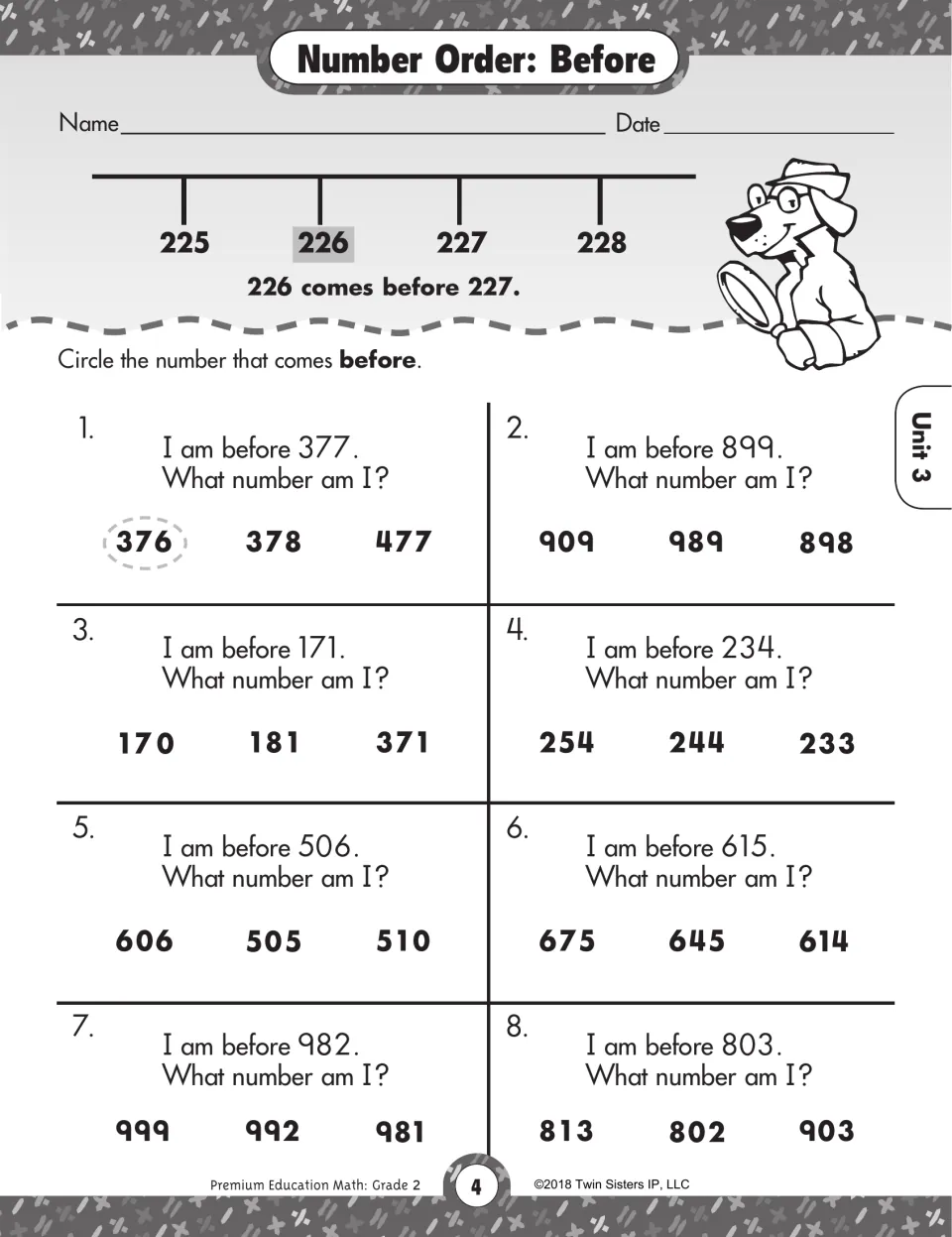 Number Order: Before: students read 'I am before 377' riddles and circle the three-digit number that comes just before