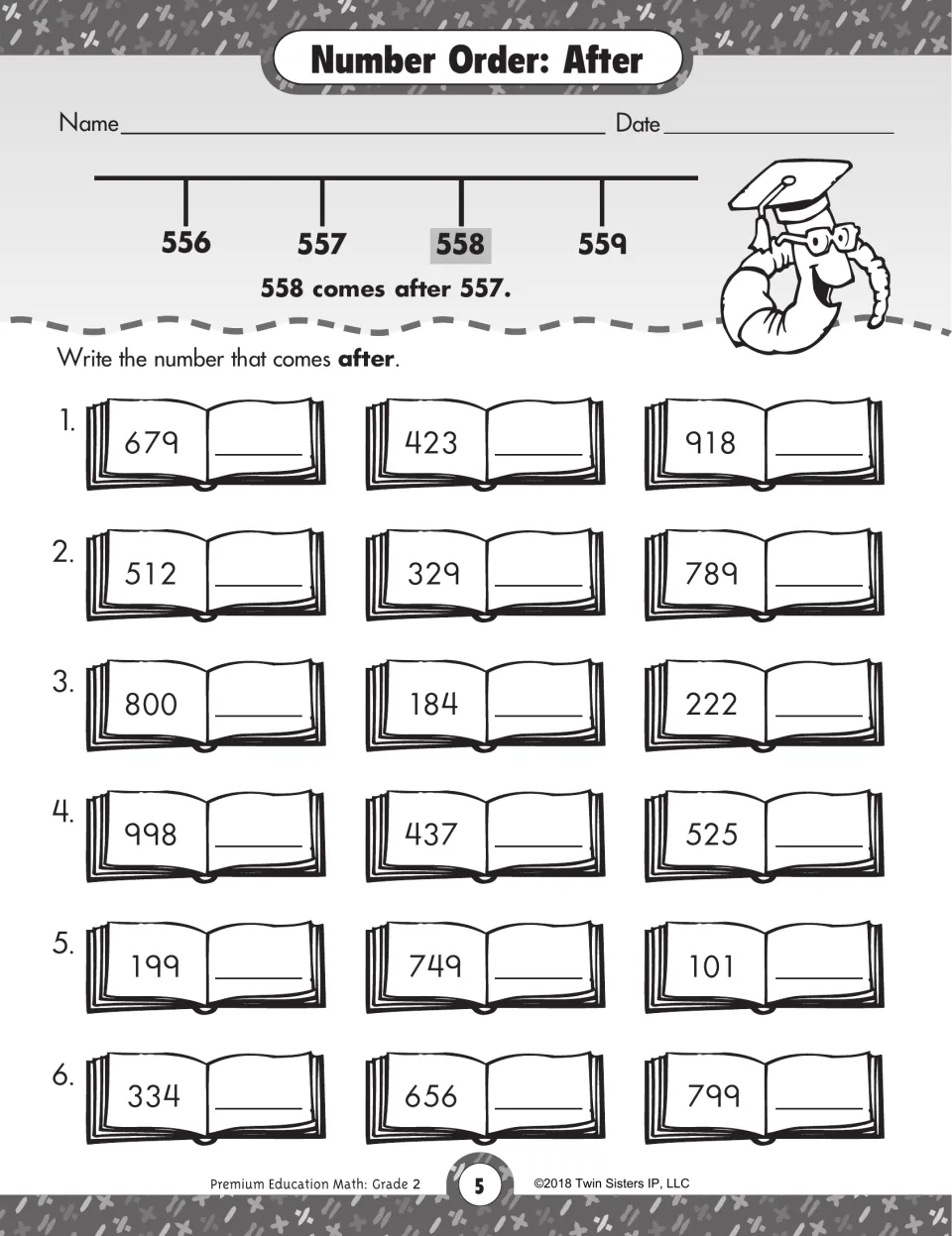 Number Order: After: students write the number that comes just after each of 18 three-digit numbers, such as 679 and 998