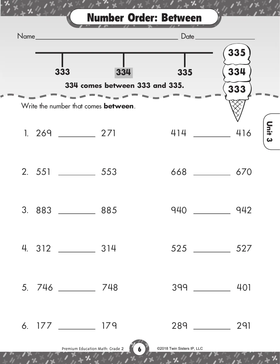 Number Order: Between: students write the missing middle number for pairs like 269 and 271 or 399 and 401, with 12 items