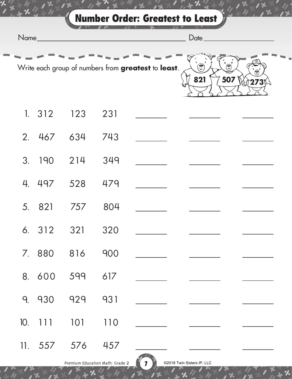 Number Order: Greatest to Least: students rewrite 11 groups of three three-digit numbers in order, largest first