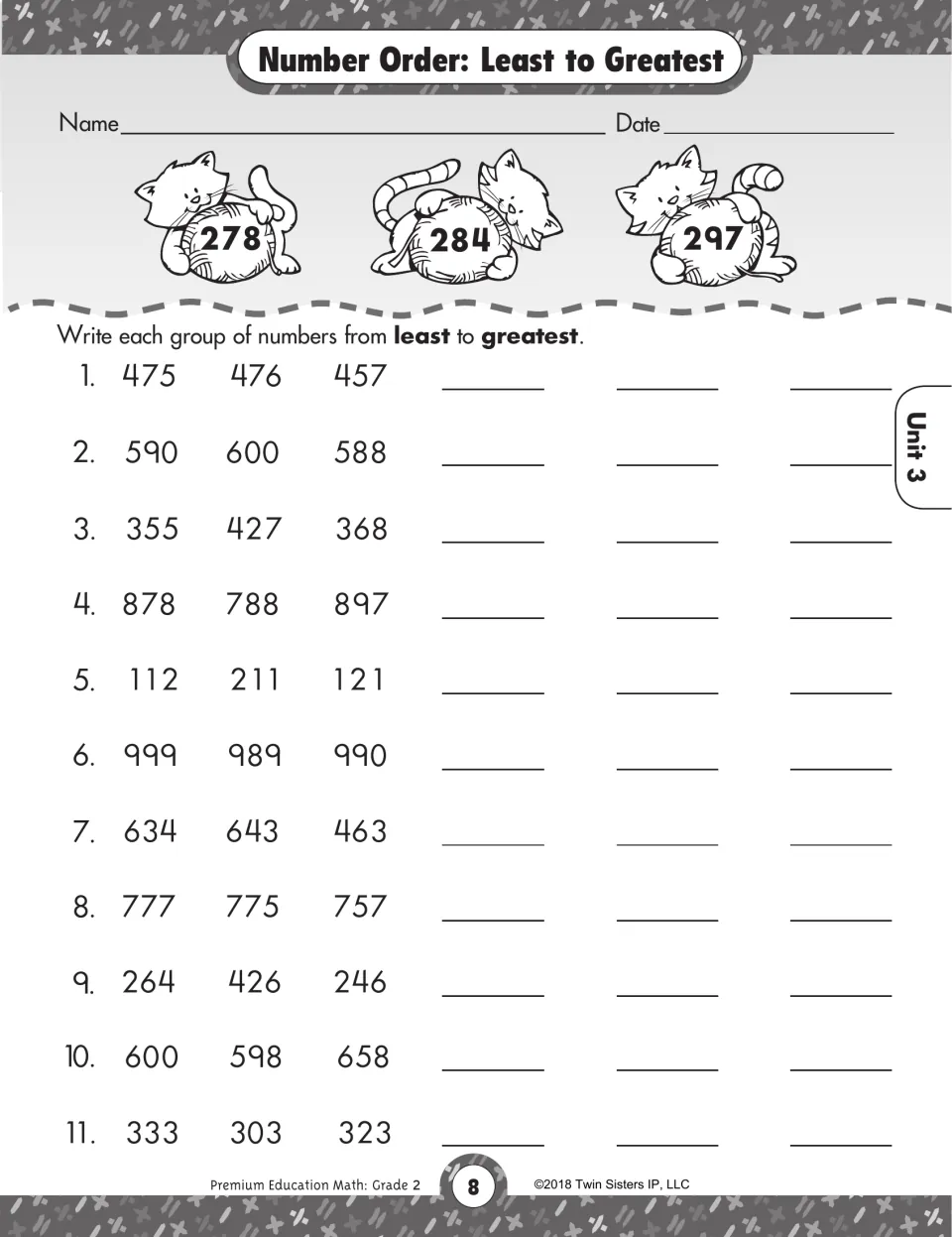 Number Order: Least to Greatest: students order 11 sets of three numbers, such as 475, 476 and 457, smallest first
