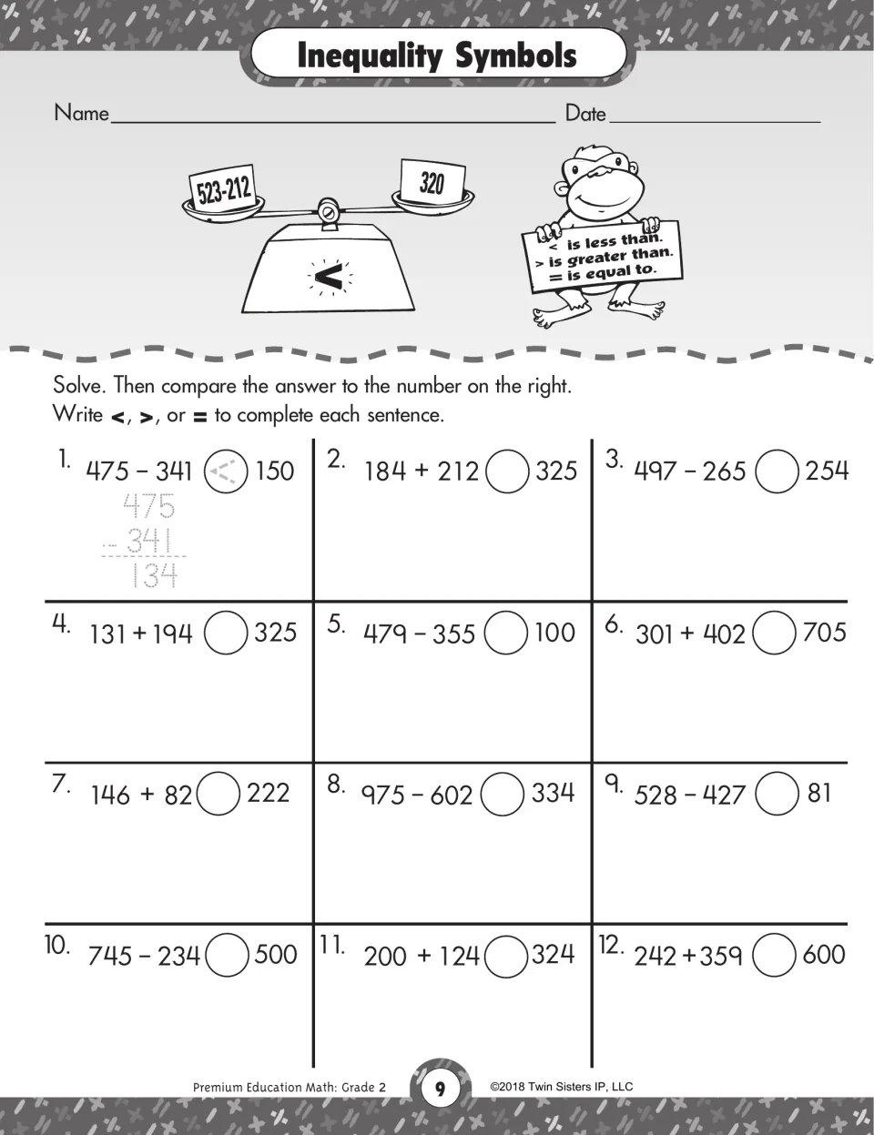 Inequality Symbols: students add or subtract three-digit numbers, then write <, > or = to compare each answer to a number