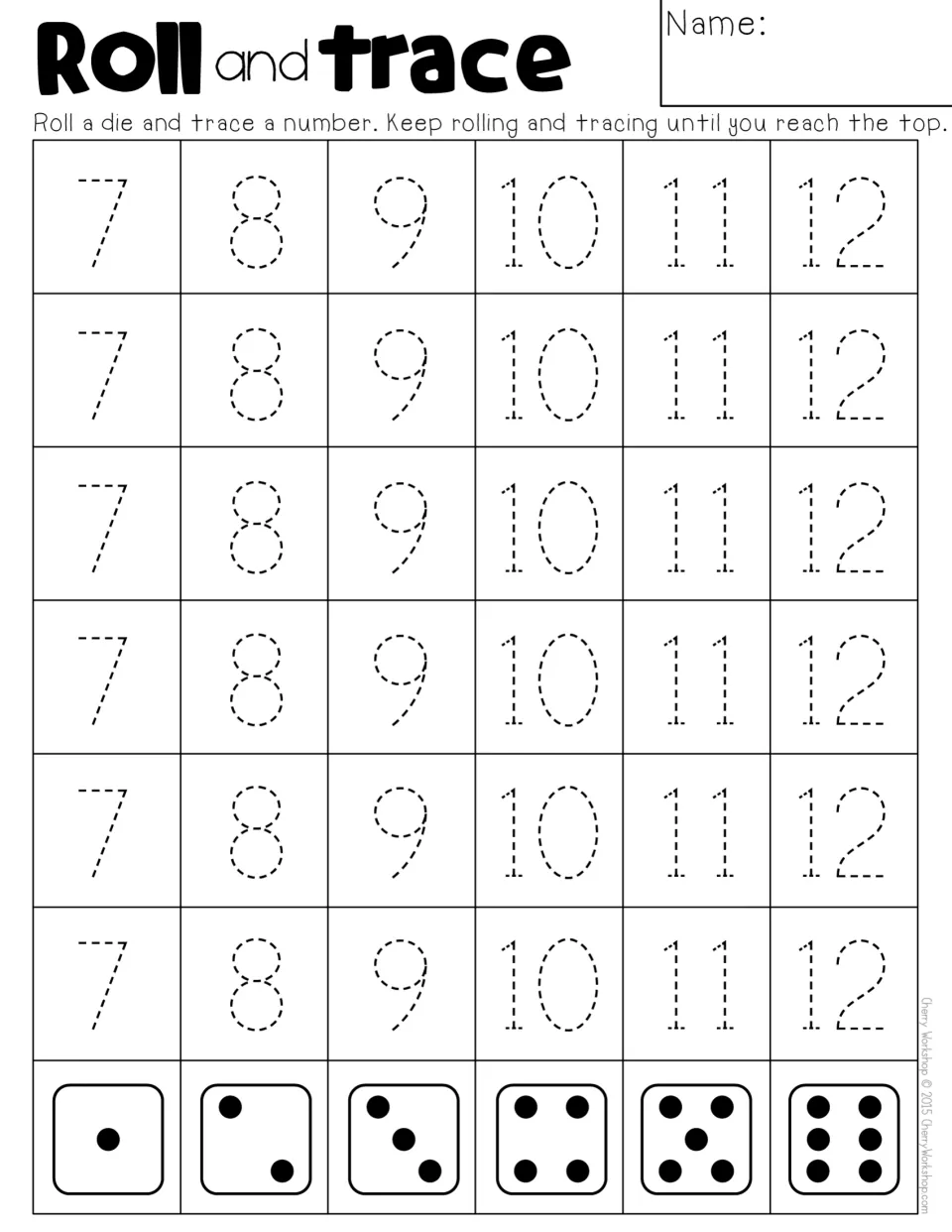 Roll and trace numbers 7 to 12: die faces one to six each pair with a dotted 7, 8, 9, 10, 11 or 12 for students to trace