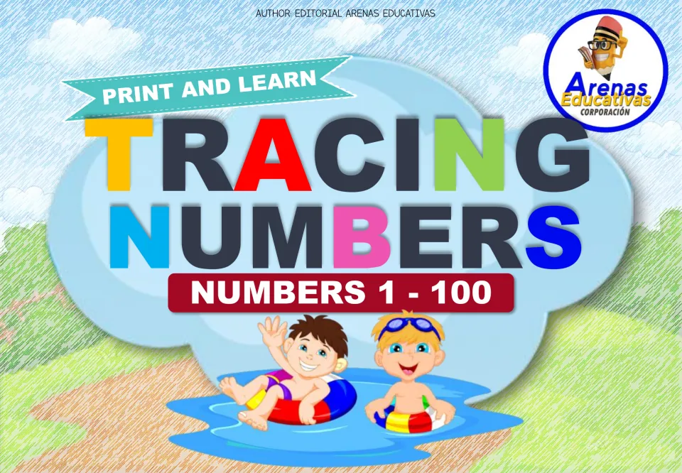 Cover reading Print and Learn, Tracing Numbers, Numbers 1 - 100 from Arenas Educativas, with two kids in swim rings