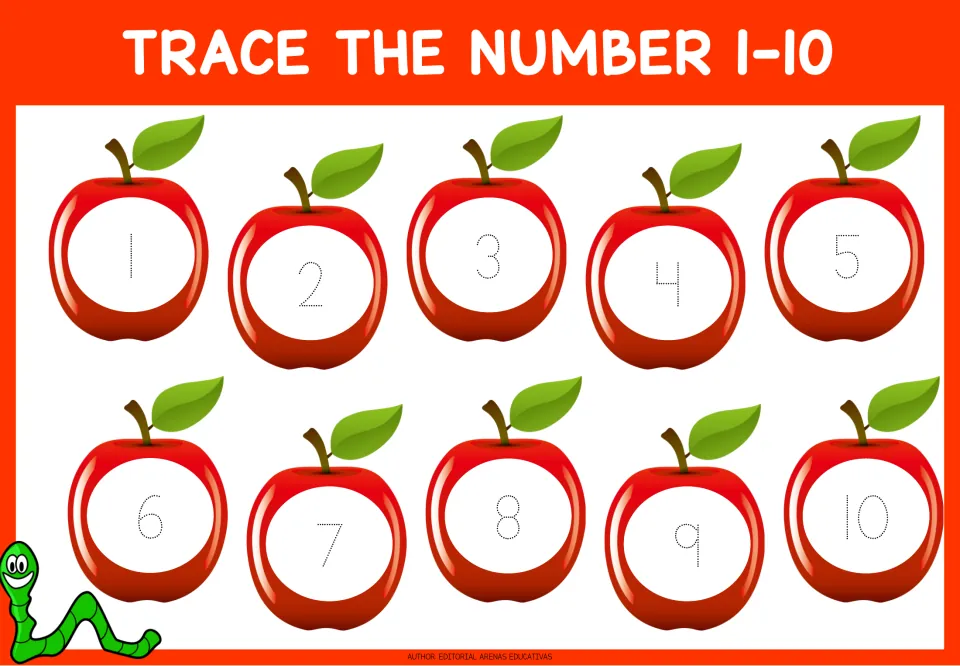 Trace the number 1-10: students trace dotted numerals 1 through 10, each inside an apple, to practise number formation