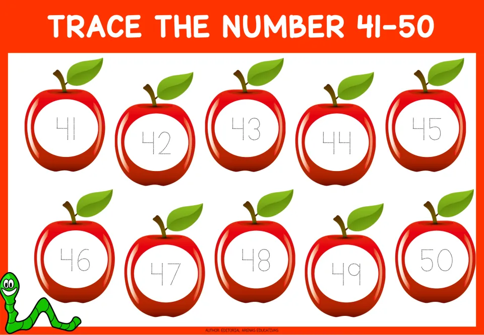 Trace the number 41-50: students go over dotted numerals 41 through 50, one per apple, to practise forming numbers
