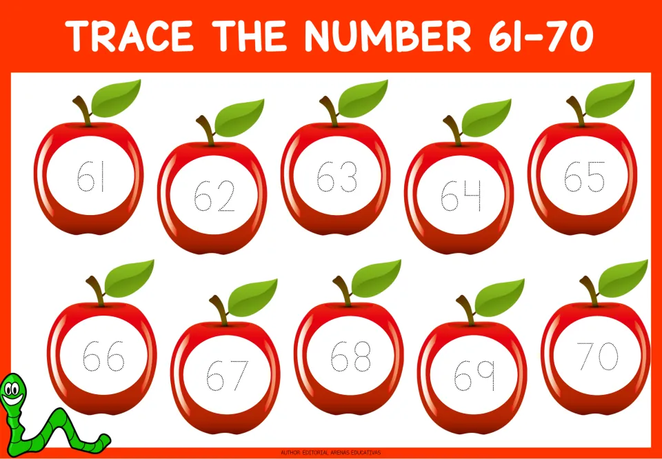 Trace the number 61-70: students trace dotted numerals 61 to 70, one per apple, to practise writing two-digit numbers