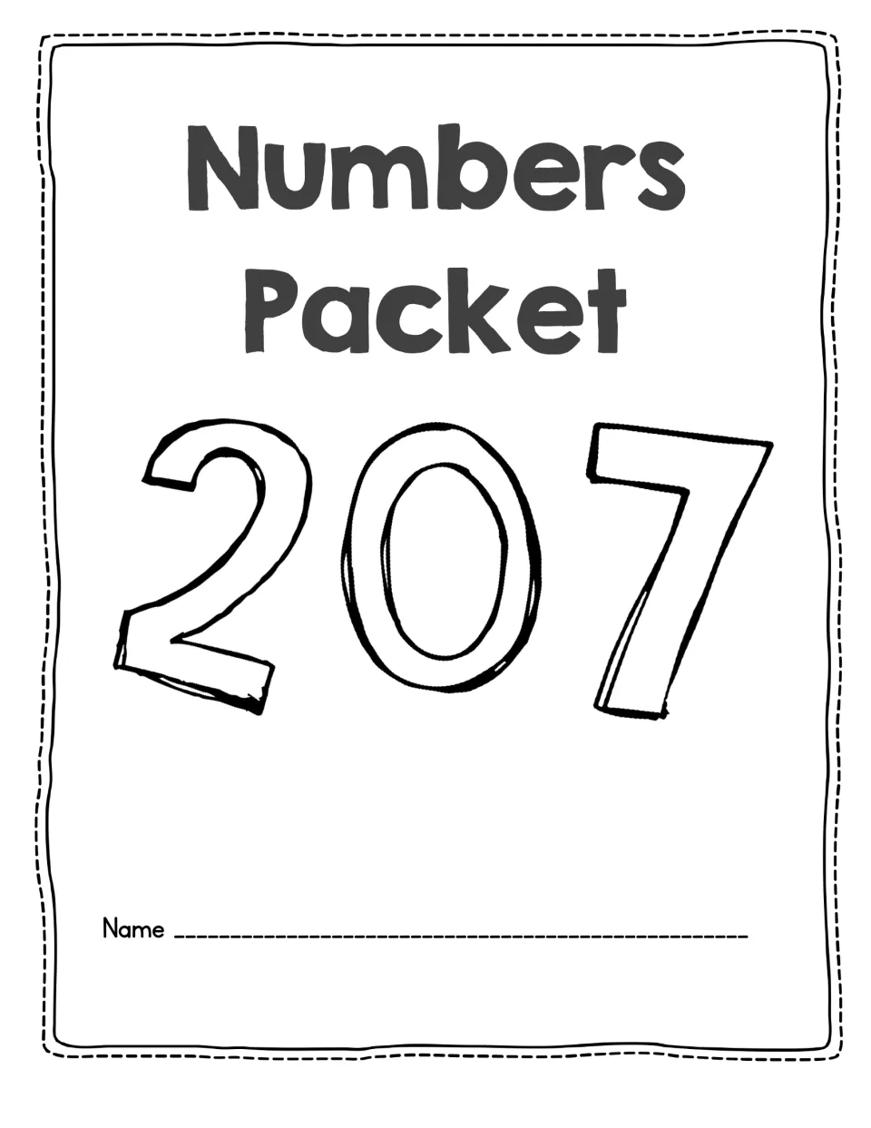 Numbers Packet student cover with large outlined numerals 2, 0 and 7 and a line for the student's name