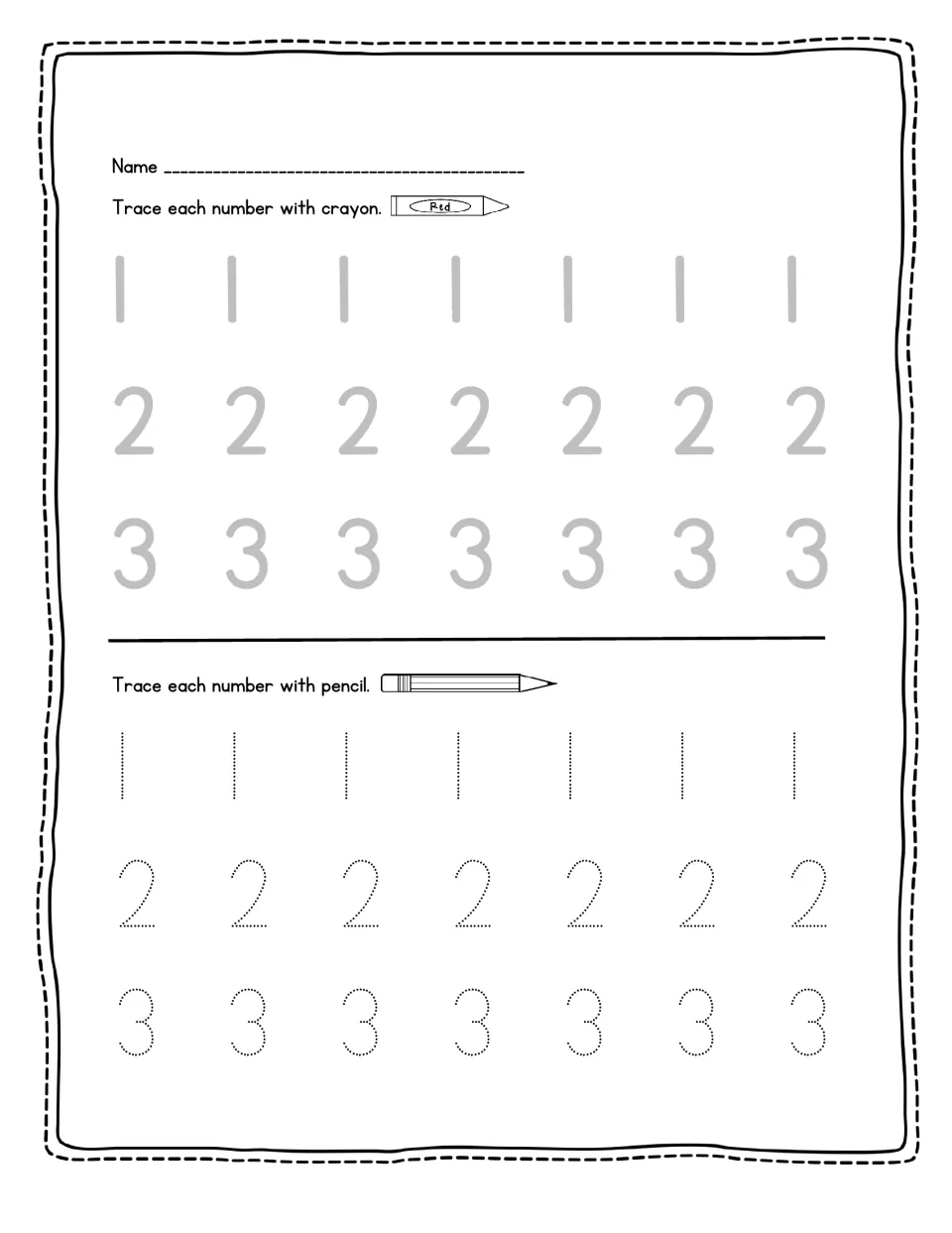 Tracing numbers 1, 2 and 3: students trace solid gray numerals in red crayon, then dotted numerals in pencil