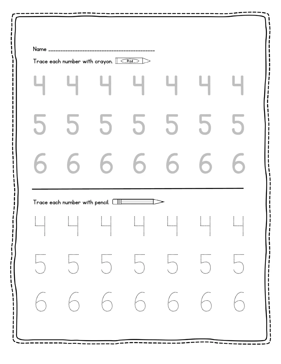 Tracing numbers 4, 5 and 6: students trace rows of gray numerals with red crayon, then rows of dotted numerals in pencil