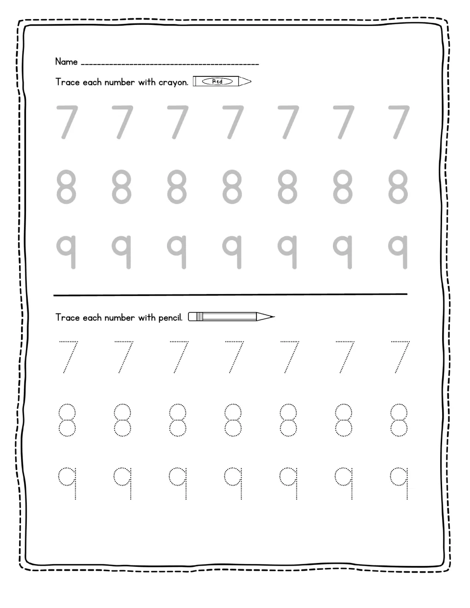 Tracing numbers 7, 8 and 9: students go over gray numerals with red crayon, then trace dotted numerals with pencil
