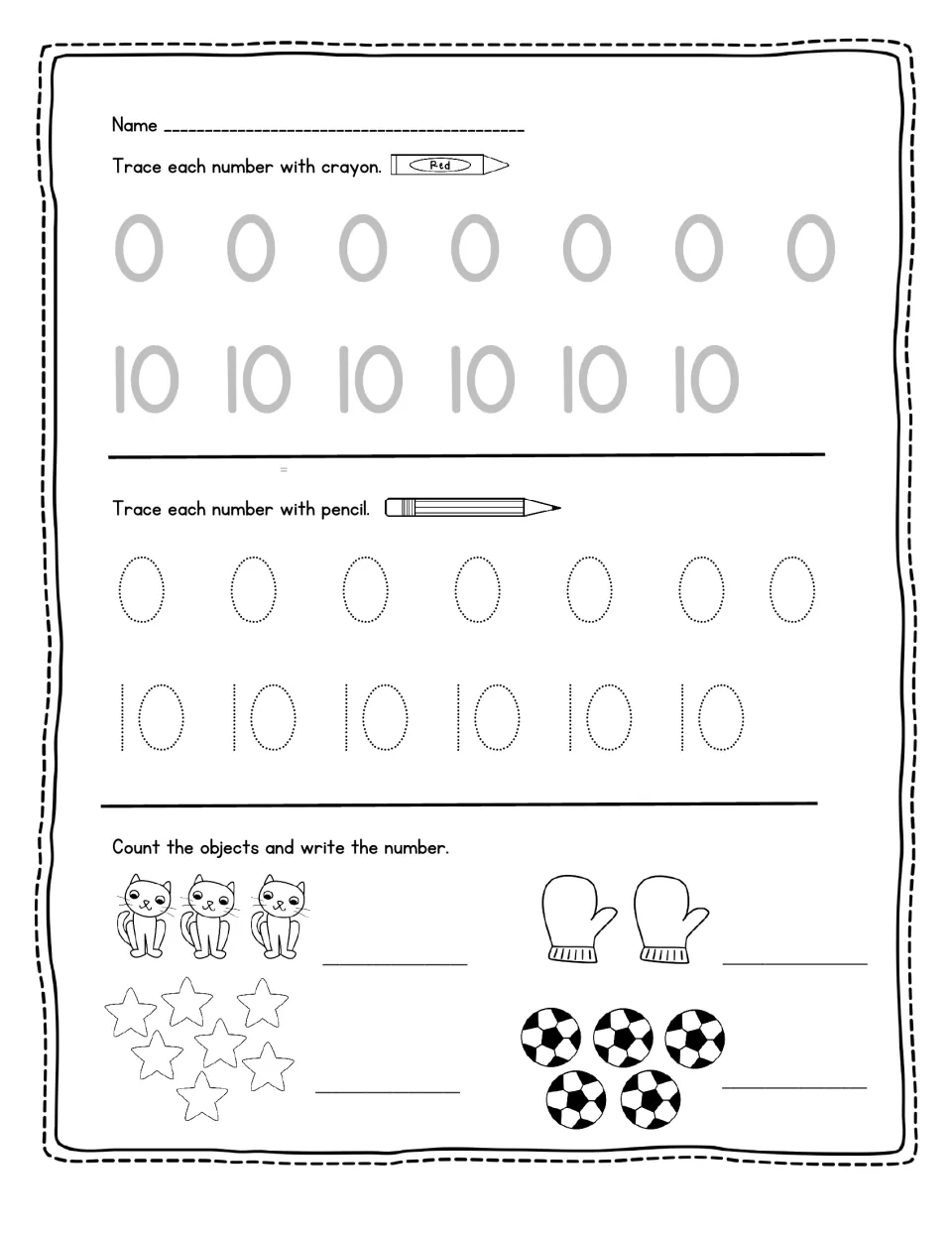 Tracing 0 and 10 in crayon and pencil, then counting 3 cats, 2 mittens, 7 stars and 5 soccer balls to write each number