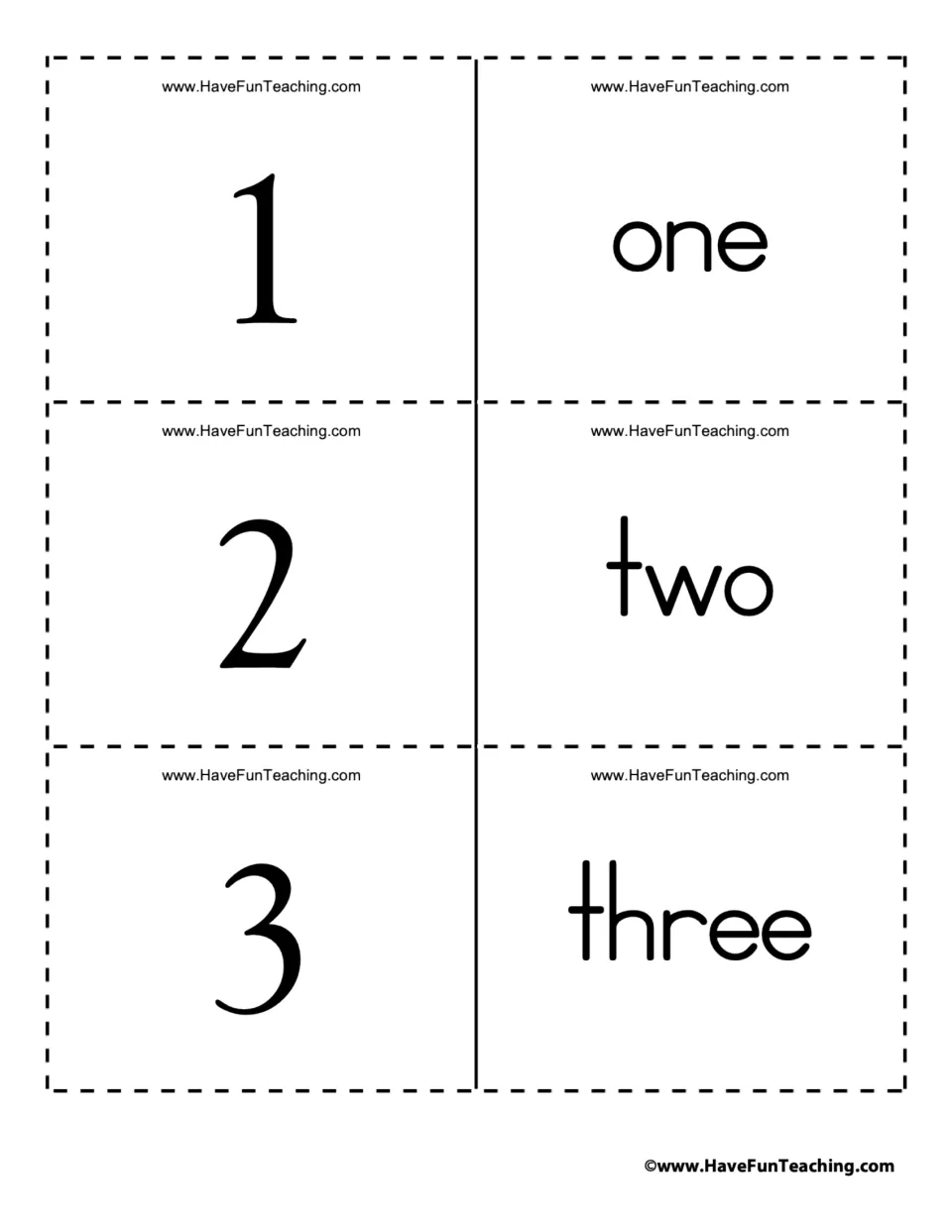 Number words 1 to 3: cut-apart cards pair the numerals 1, 2 and 3 with the written words one, two and three to match