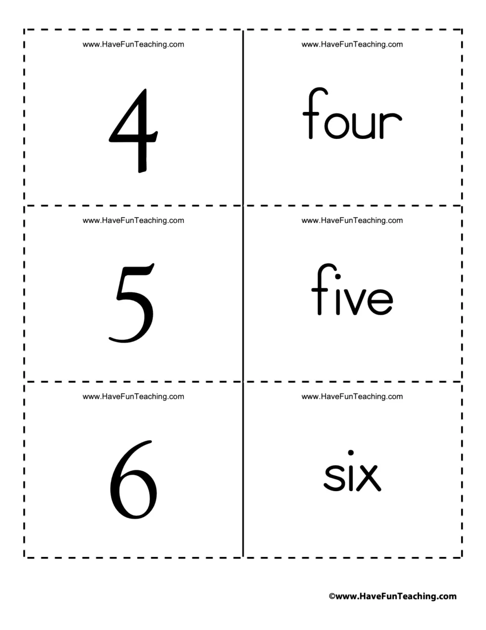 Number words 4 to 6: students match numeral cards 4, 5 and 6 to word cards reading four, five and six for word recognition