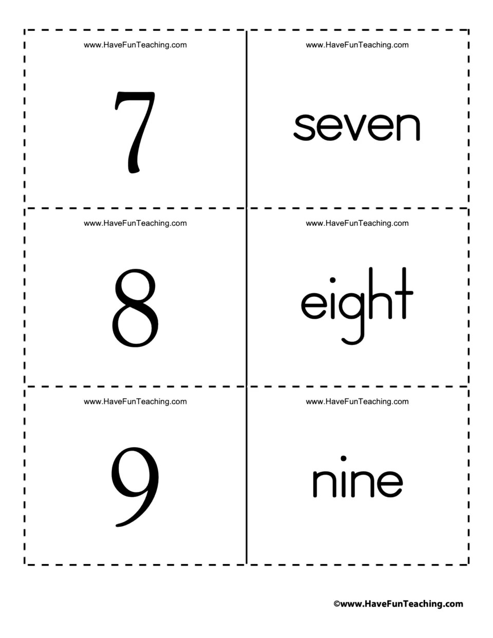 Number words 7 to 9: numeral cards 7, 8 and 9 sit beside word cards for seven, eight and nine to cut out and pair up