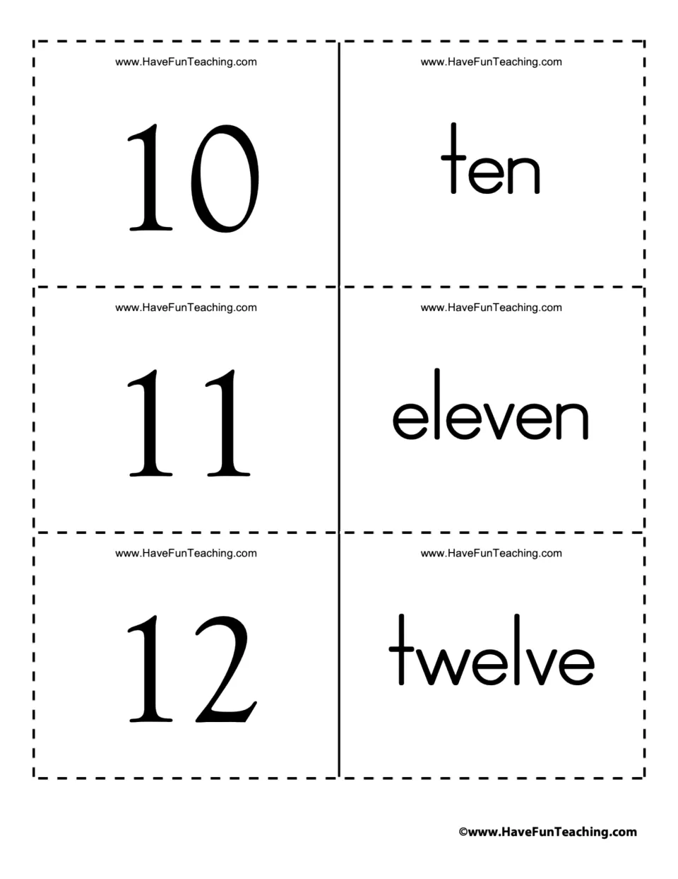 Number words 10 to 12: cards match the numerals 10, 11 and 12 with ten, eleven and twelve for reading two-digit words
