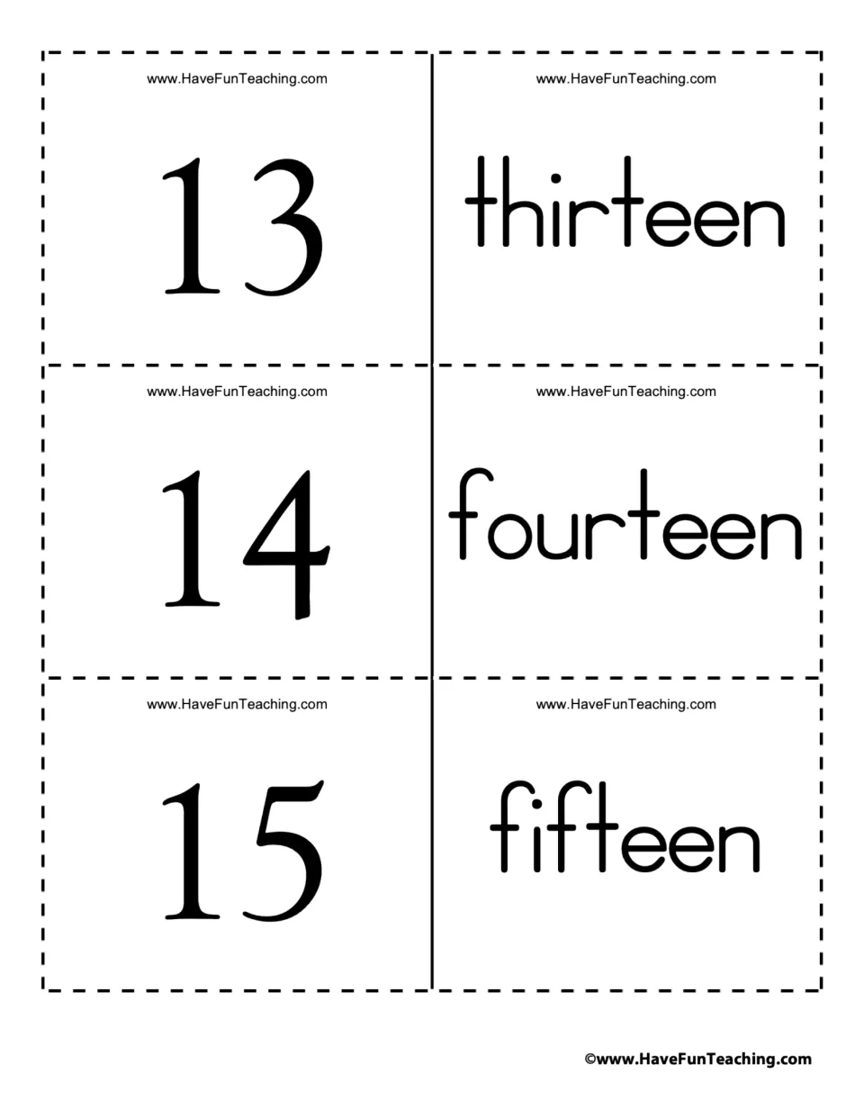 Teen number words 13 to 15: students pair numeral cards 13, 14 and 15 with thirteen, fourteen and fifteen word cards