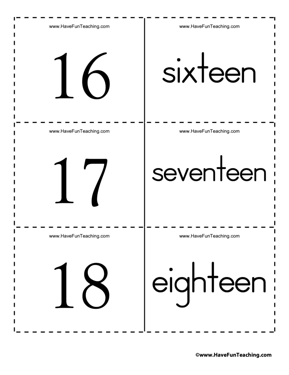 Teen number words 16 to 18: numeral cards 16, 17 and 18 match word cards spelling sixteen, seventeen and eighteen