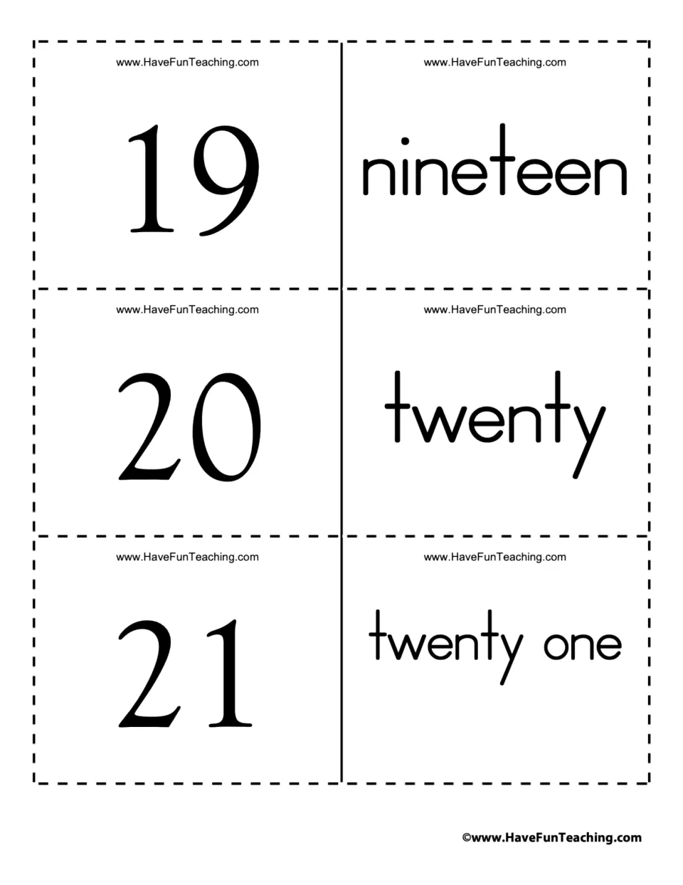 Number words 19 to 21: cards match 19, 20 and 21 with nineteen, twenty and twenty one, moving from teens into the twenties