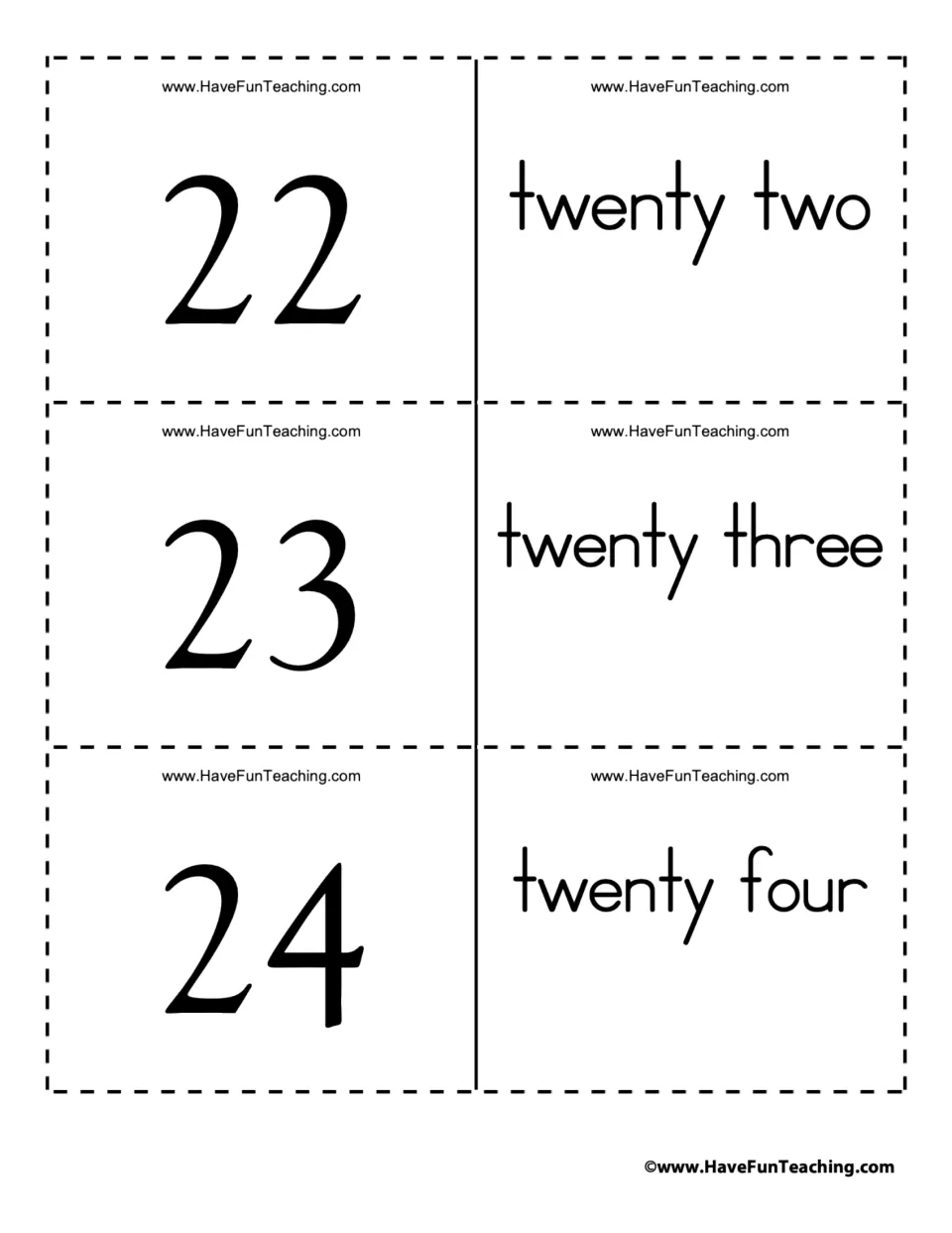 Number words 22 to 24: students match numerals 22, 23 and 24 to two-word names twenty two, twenty three and twenty four