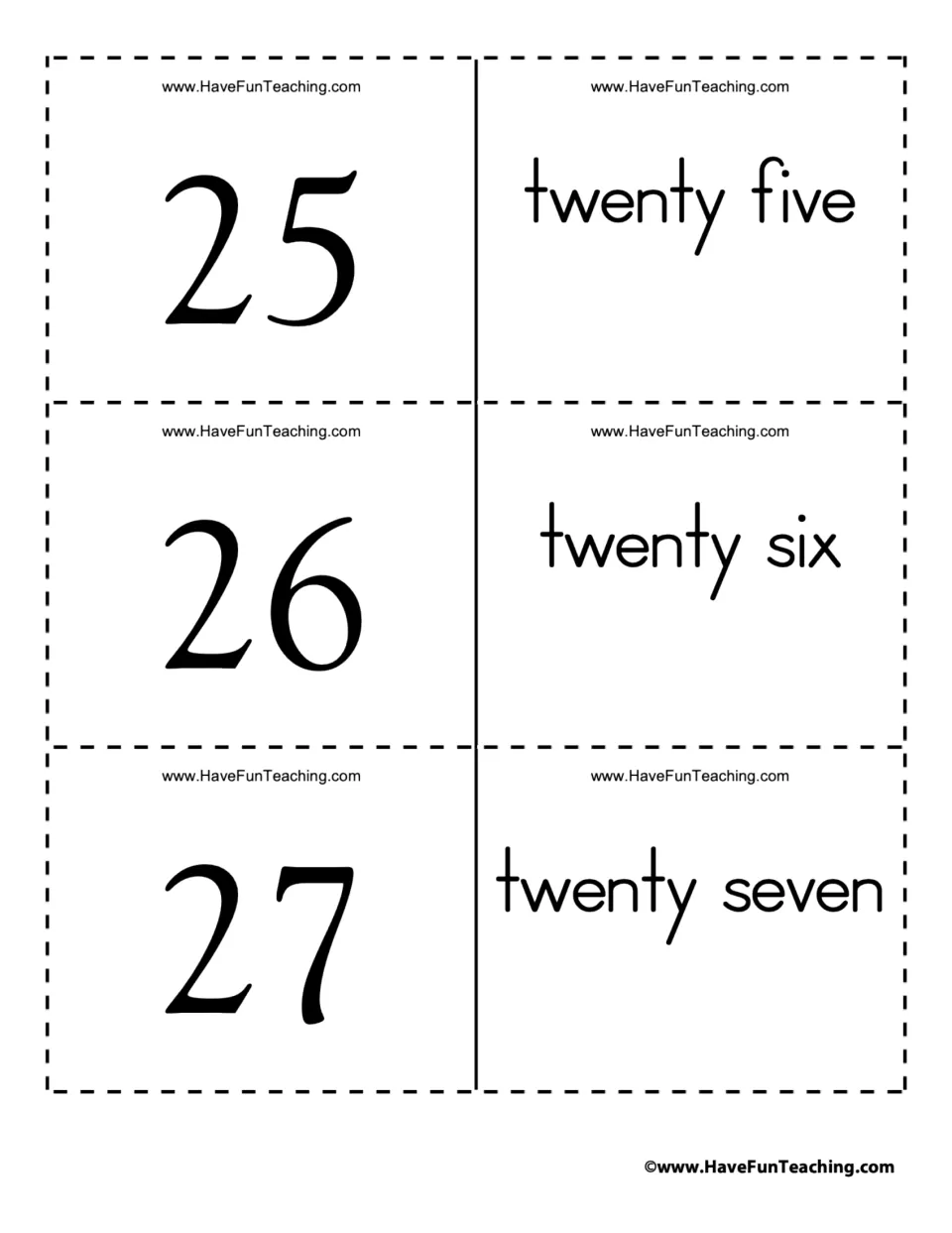 Number words 25 to 27: numeral cards 25, 26 and 27 pair with word cards twenty five, twenty six and twenty seven to read